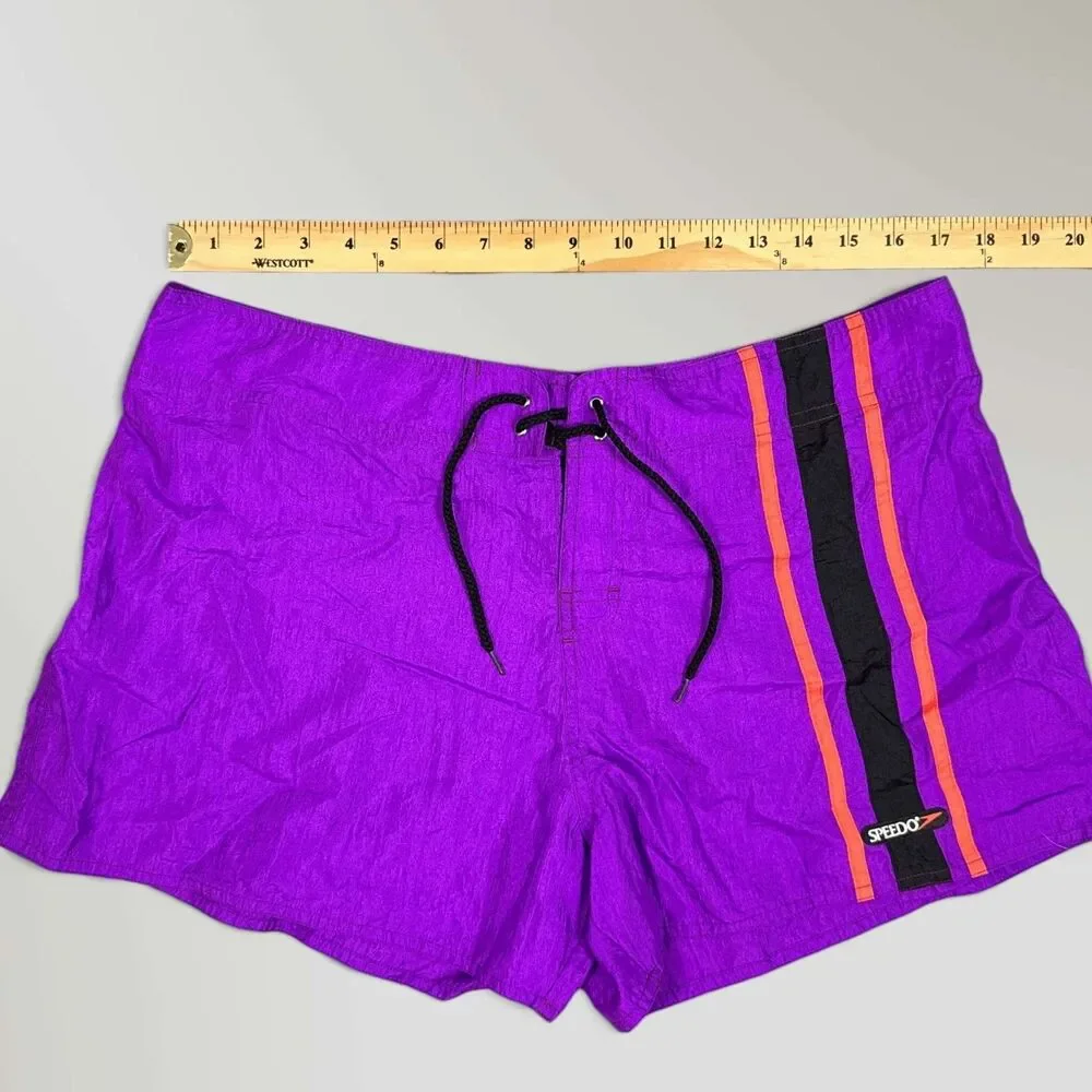 Vintage 90s Speedo Swim Trunks Purple Neon Colorblock Nylon Drawstring Size XL
